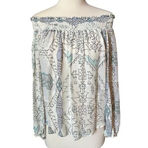 Parker | Cream & Green Geometric Print Off-Shoulder Blouse Size XS